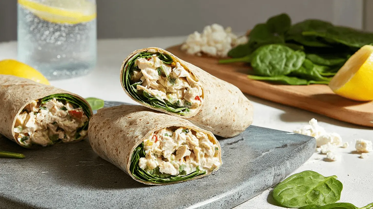 Easy & Satisfying Low Calorie Lunch Ideas (Under 400 Calories!) 2 Vibrant chicken salad wraps with fresh spinach and lemon, ideal for low calorie lunch ideas.