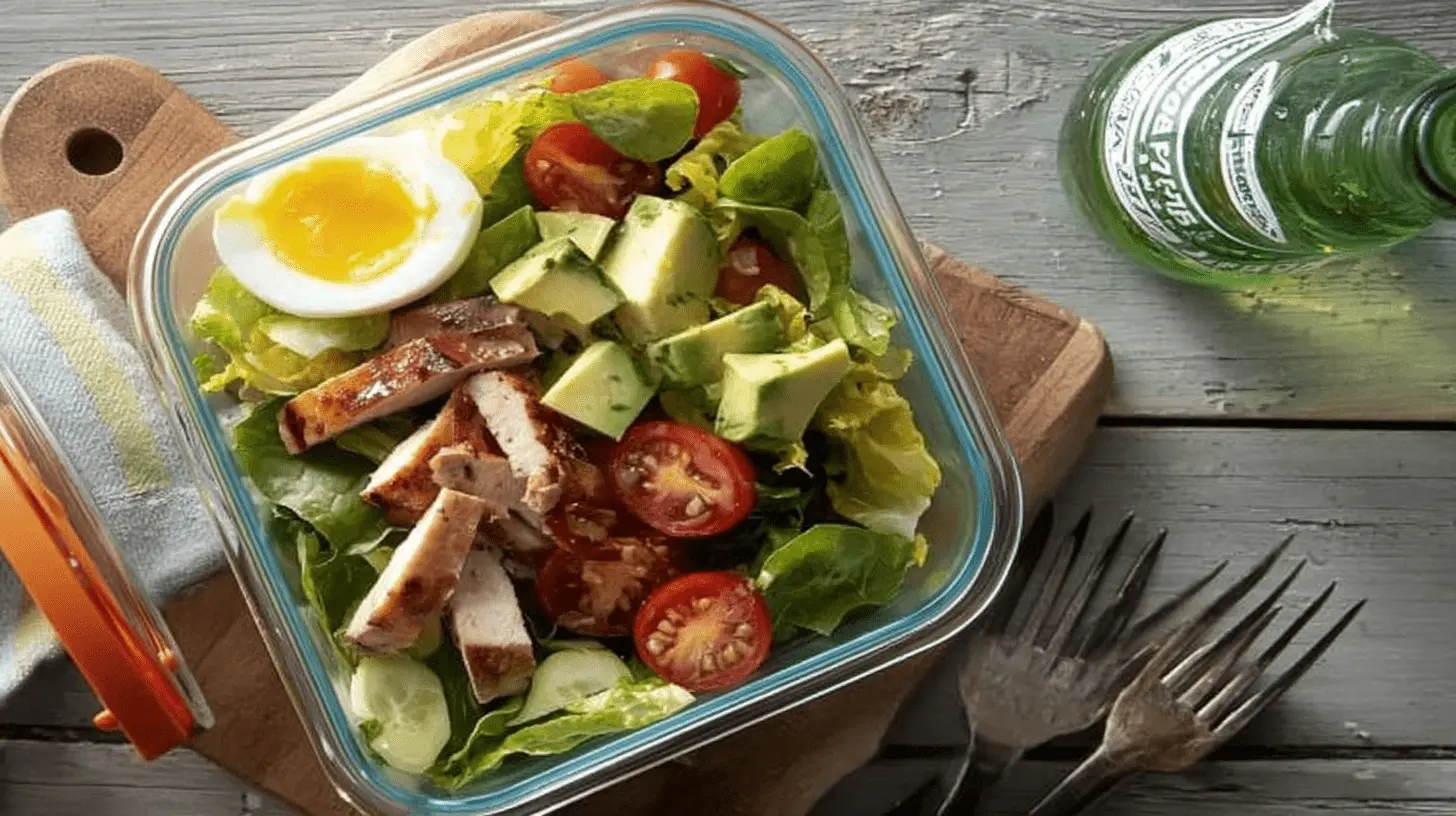 Delicious & Filling Low Carb Lunch Ideas 2 A vibrant low carb lunch with grilled chicken, avocado, and egg salad in a glass container on a wooden board.