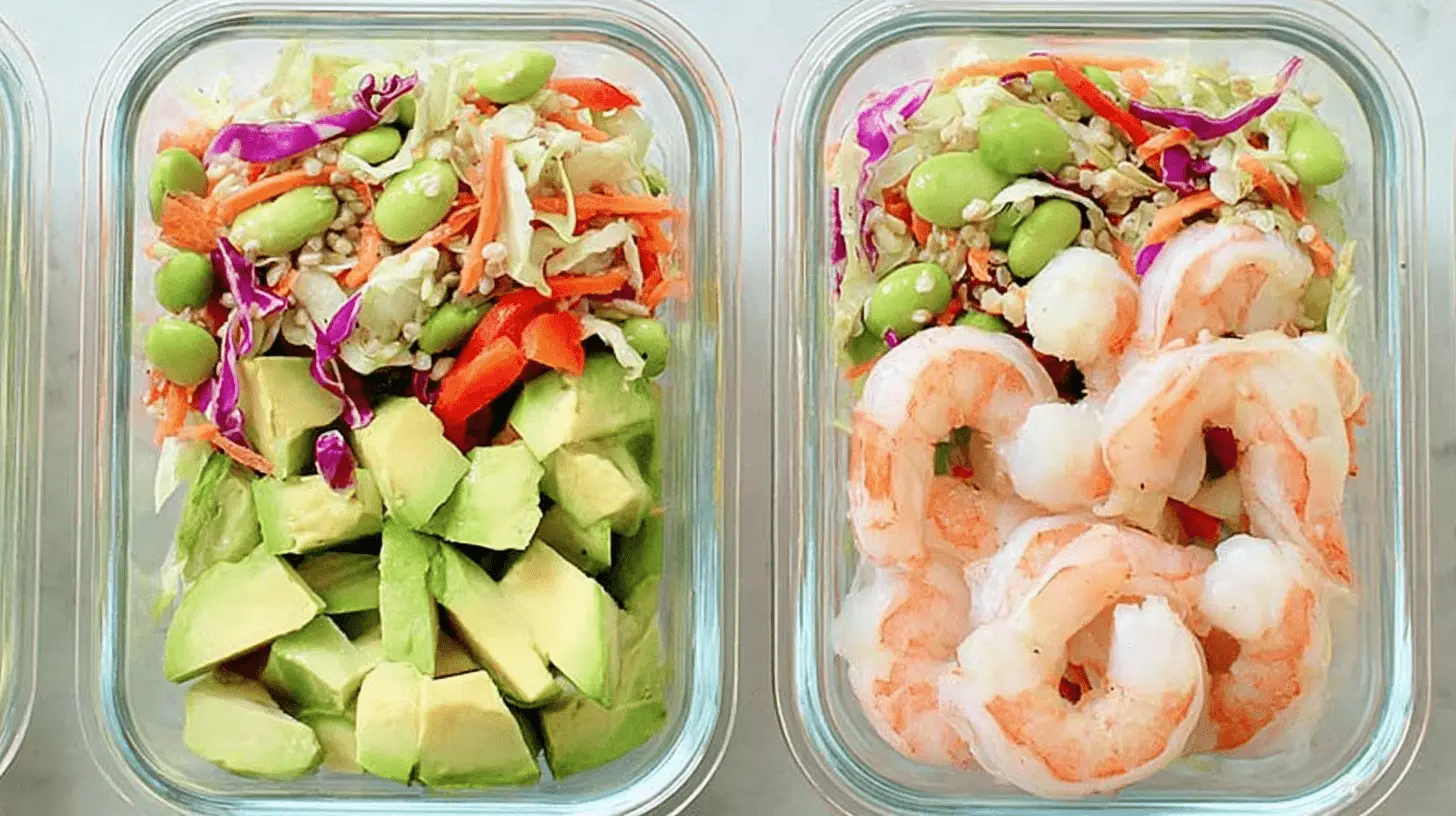 Delicious Low Sodium Lunch Ideas for a Healthier You 2 Two clear meal prep containers showcasing vibrant, healthy low sodium lunch ideas with avocado and shrimp salads.