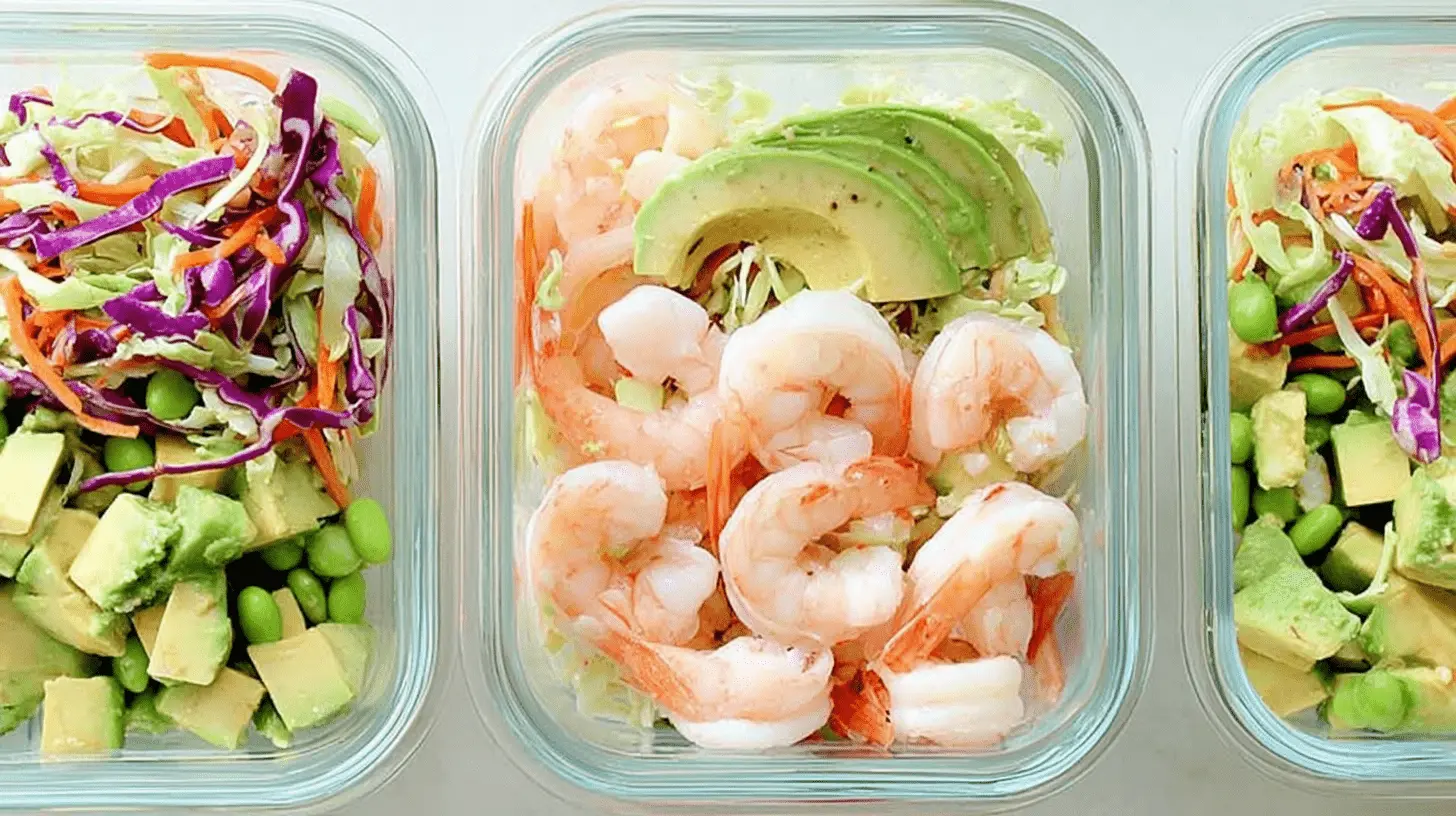 Low Sodium Lunch Ideas: Heart-Healthy Mediterranean Quinoa Bowl 2 Three clear glass meal prep containers showcasing vibrant, healthy ingredients like shrimp, avocado, cabbage, and edamame, perfect for low sodium lunch ideas.
