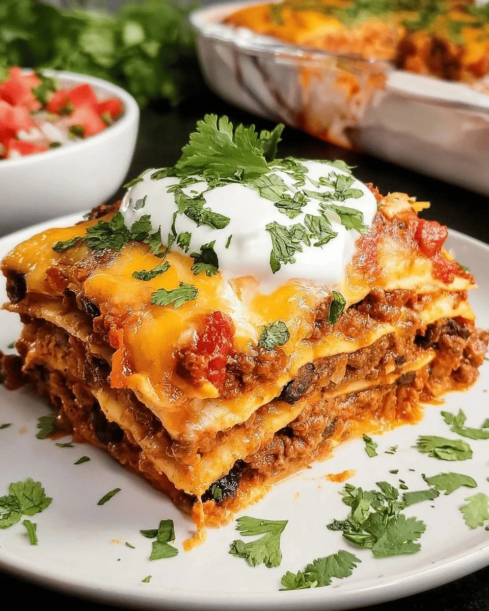 Taco Lasagna 2 Slice of taco lasagna topped with melted cheese, tomatoes, and cilantro.