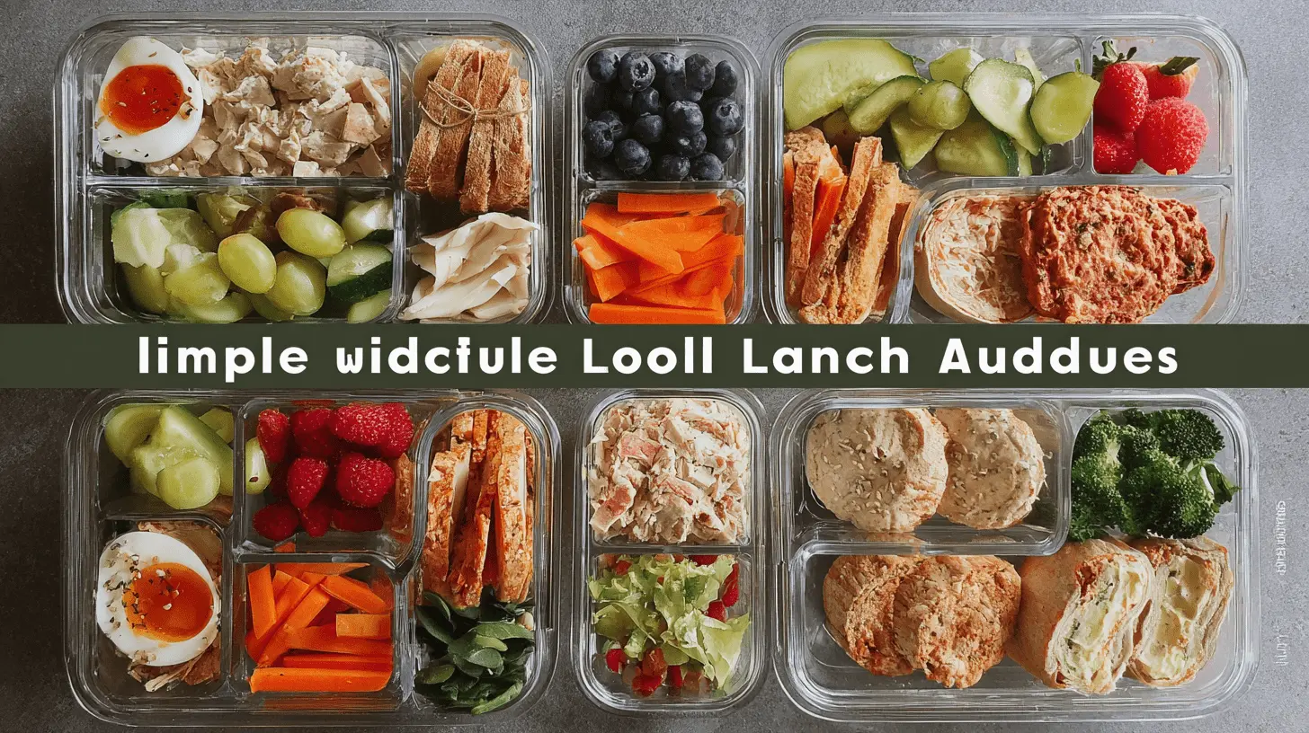 Easy & Healthy Packed Lunch Ideas for Adults 2 Top-down view of six glass meal prep containers showcasing diverse and healthy packed lunch ideas with eggs, chicken, fruits, and vegetables.