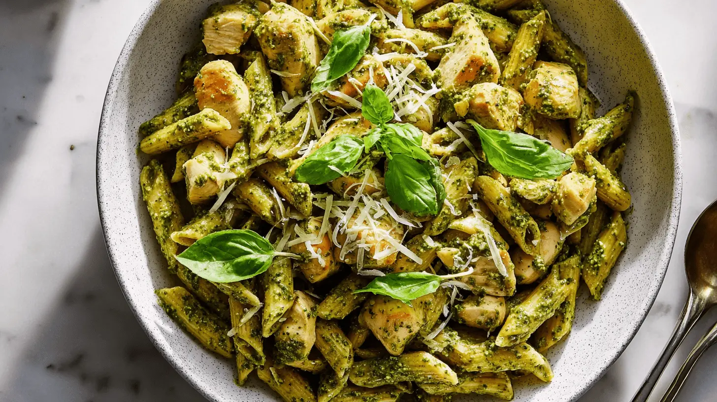 Easy & Delicious Quick Lunch Idea: Speedy Chicken Caesar Wraps 2 A vibrant bowl of penne pasta with chicken and pesto, garnished with basil and cheese, serving as excellent quick lunch ideas.