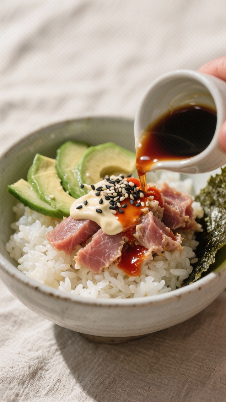 School Lunch Ideas for High Schoolers Not Yet: 7 No-Boring Lunches That Actually Get Eaten 3 Close-up detail of Sushi-Style Tuna Rice Bowl just before eating: glossy short-grain rice bed topped