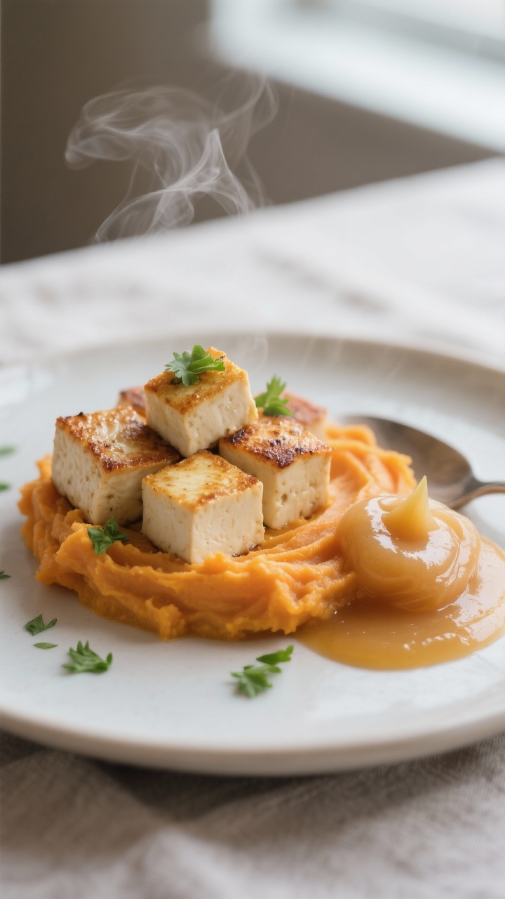 Toddler Lunch Ideas 1 Year Old: 9 Easy Wins Your Mini Food Critic Will Actually Eat 2 Close-up detail: Pan-seared tofu cubes with light golden edges nestled beside a creamy mashed sweet