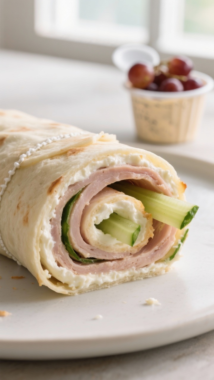 Field Trip Lunch Ideas That Don’t Melt, Mangle, or Make Kids Trade Them Away 2 Close-up detail: Tight macro shot of freshly sliced turkey-and-cream-cheese pinwheel wraps with cucu