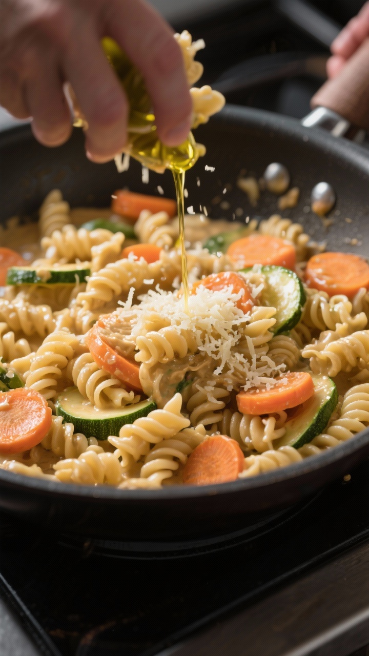 Toddler Lunch Ideas 1 Year Old: 9 Easy Wins Your Mini Food Critic Will Actually Eat 4 Cooking process: Hummus Pasta Spirals being tossed in a skillet—small cooked pasta shapes glossy w