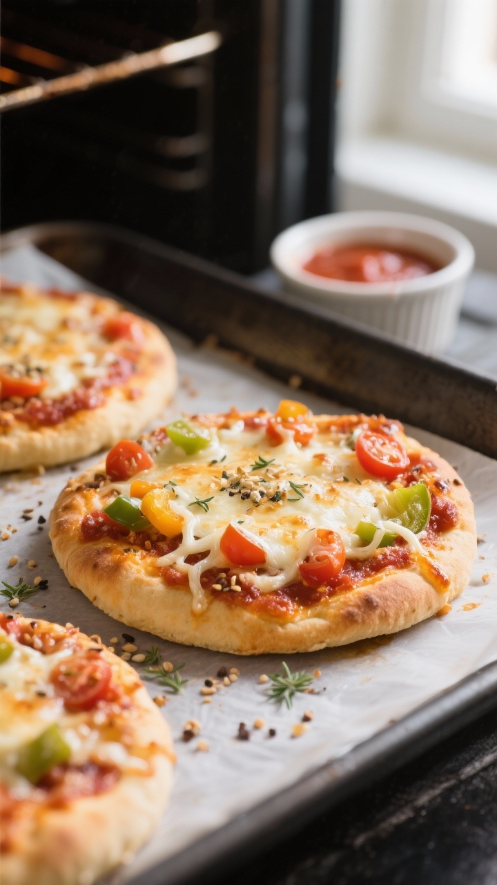 Kids Lunch Ideas for Home That They’ll Actually Eat (And You’ll Actually Want to Make) 2 Cooking process – Mini Pizza Pitas under the broiler: Close-up of golden, bubbling mini pita pizza