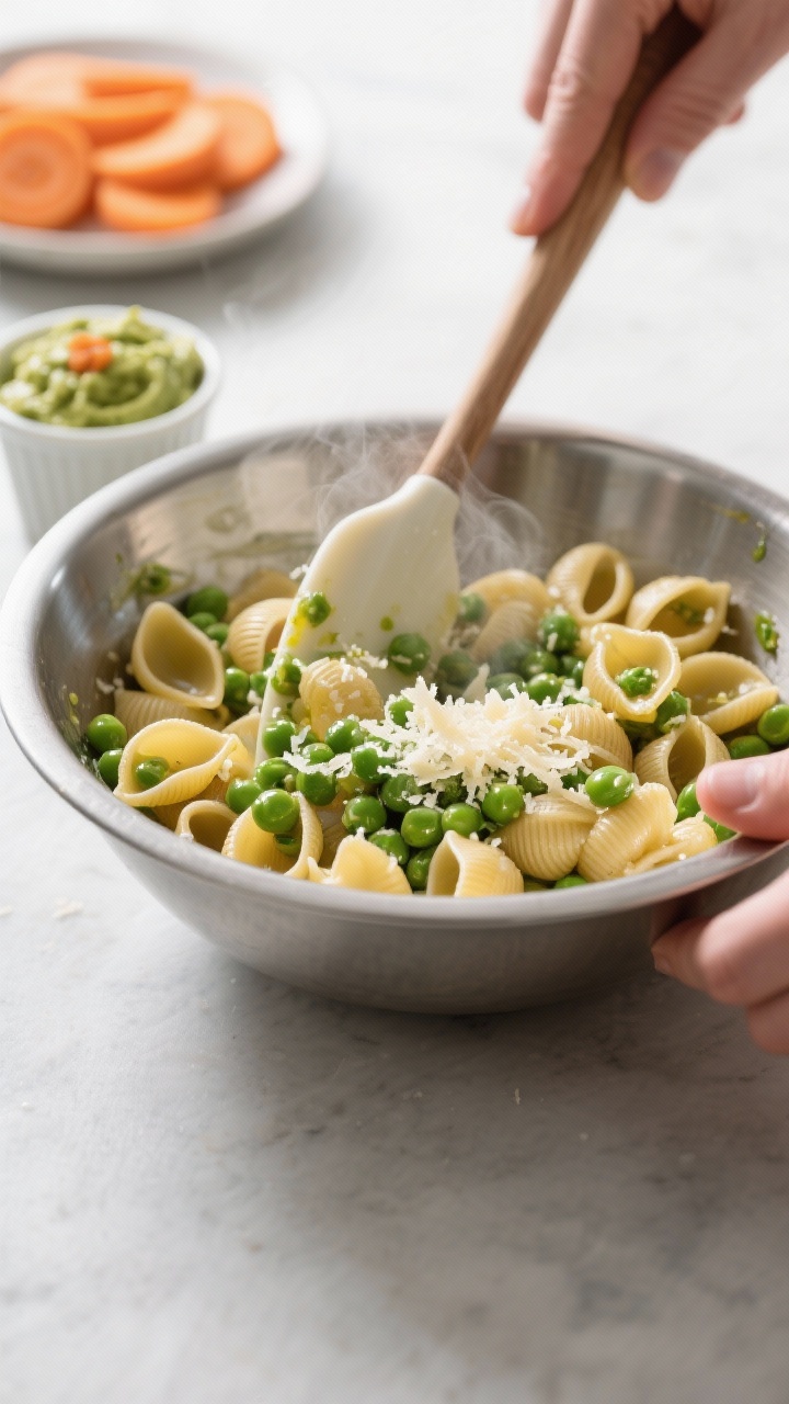 Toddler Lunch Ideas for Daycare That Actually Get Eaten (And Don’t Come Back in the Lunchbox) 4 Cooking process shot: small pasta shapes tossed with olive oil, peas, and shredded Parmesan for the