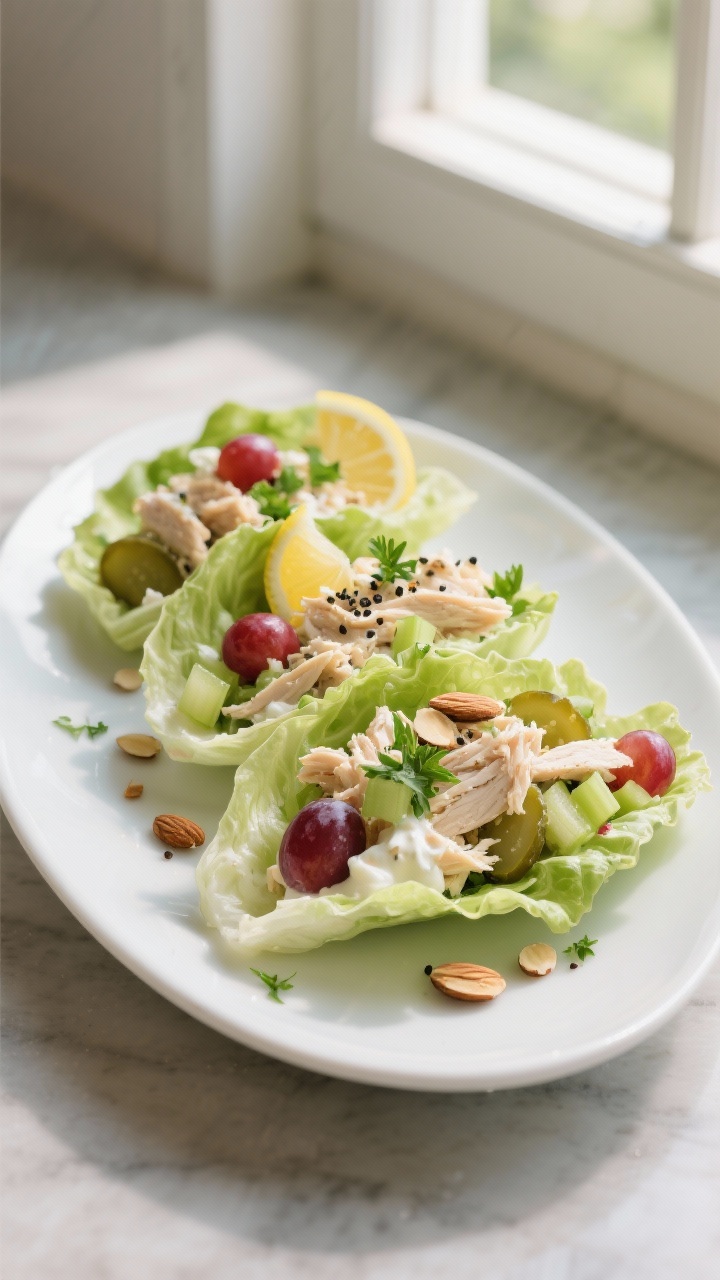 Low Calorie Lunch Ideas That Don’t Taste Like Diet Food: 9 Power Moves to Crush Midday Hunger 4 Final plated dish: Greek Yogurt Chicken Salad Lettuce Wraps arranged in romaine boats on a white ova