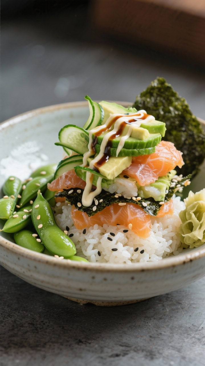 Kids Lunch Ideas for Home That They’ll Actually Eat (And You’ll Actually Want to Make) 4 Final plated dish – Sushi-Stack Bowl: Beautifully plated sushi-stack rice bowl in a wide, shallow