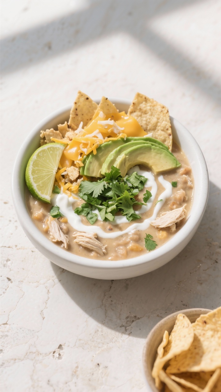 White Chicken Chili Recipe That Wins Weeknights: Creamy, Cozy, and Shockingly Fast 4 Final plated hero: Beautifully plated bowl of white chicken chili with a luxurious, creamy finish; t