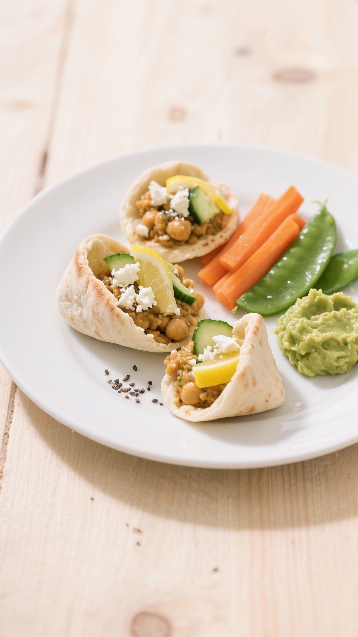 27 Genius Cold Lunch Ideas for Toddlers That They’ll Actually Eat (And You’ll Actually Have Time to Make) 4 Final plated mini pita pockets filled with mashed chickpeas, lemon, and tiny cucumber pieces, topped
