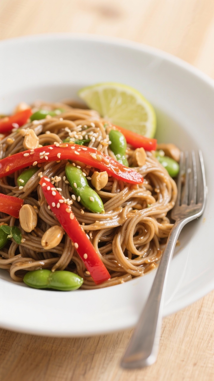 School Lunch Ideas for High Schoolers Not Yet: 7 No-Boring Lunches That Actually Get Eaten 4 Final plated Quick Soba Peanut Noodle Salad: beautifully twirled soba coated in a satiny peanut–so