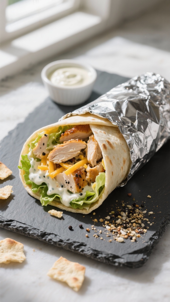 School Lunch Ideas for High Schoolers Not Yet: 7 No-Boring Lunches That Actually Get Eaten 2 Overhead shot of a halved Crunchy Chicken Ranch Wrap, tightly rolled and wrapped in foil with ends p