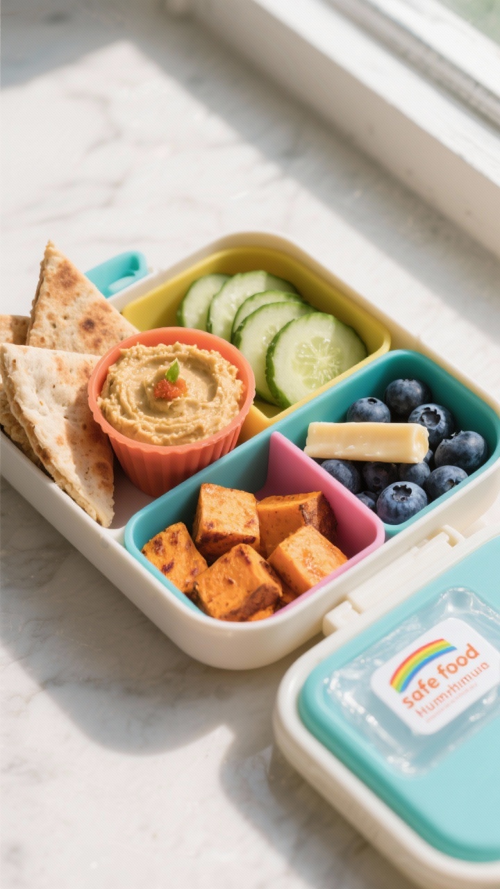 Toddler Lunch Ideas for Daycare That Actually Get Eaten (And Don’t Come Back in the Lunchbox) 2 Overhead shot of a Rainbow Hummus Bento fully assembled in a kids’ bento box: creamy hummus in a s