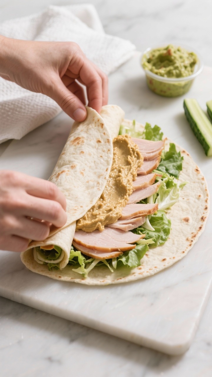 Field Trip Lunch Ideas That Don’t Melt, Mangle, or Make Kids Trade Them Away 4 Process action: Wrap assembly in progress on a clean board—tortilla already spread edge-to-edge wi