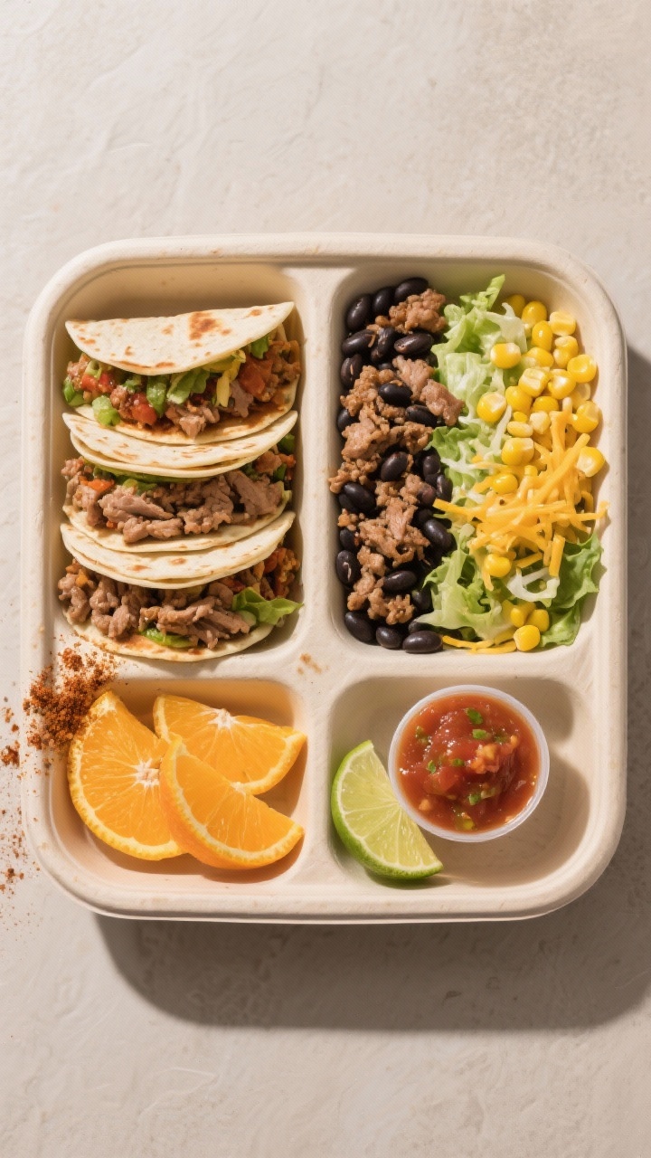 Kids Lunch Ideas for Home That They’ll Actually Eat (And You’ll Actually Want to Make) 3 Tasty top view – Taco Bento assembly: Overhead shot of a bento-style tray with sections neatly fil
