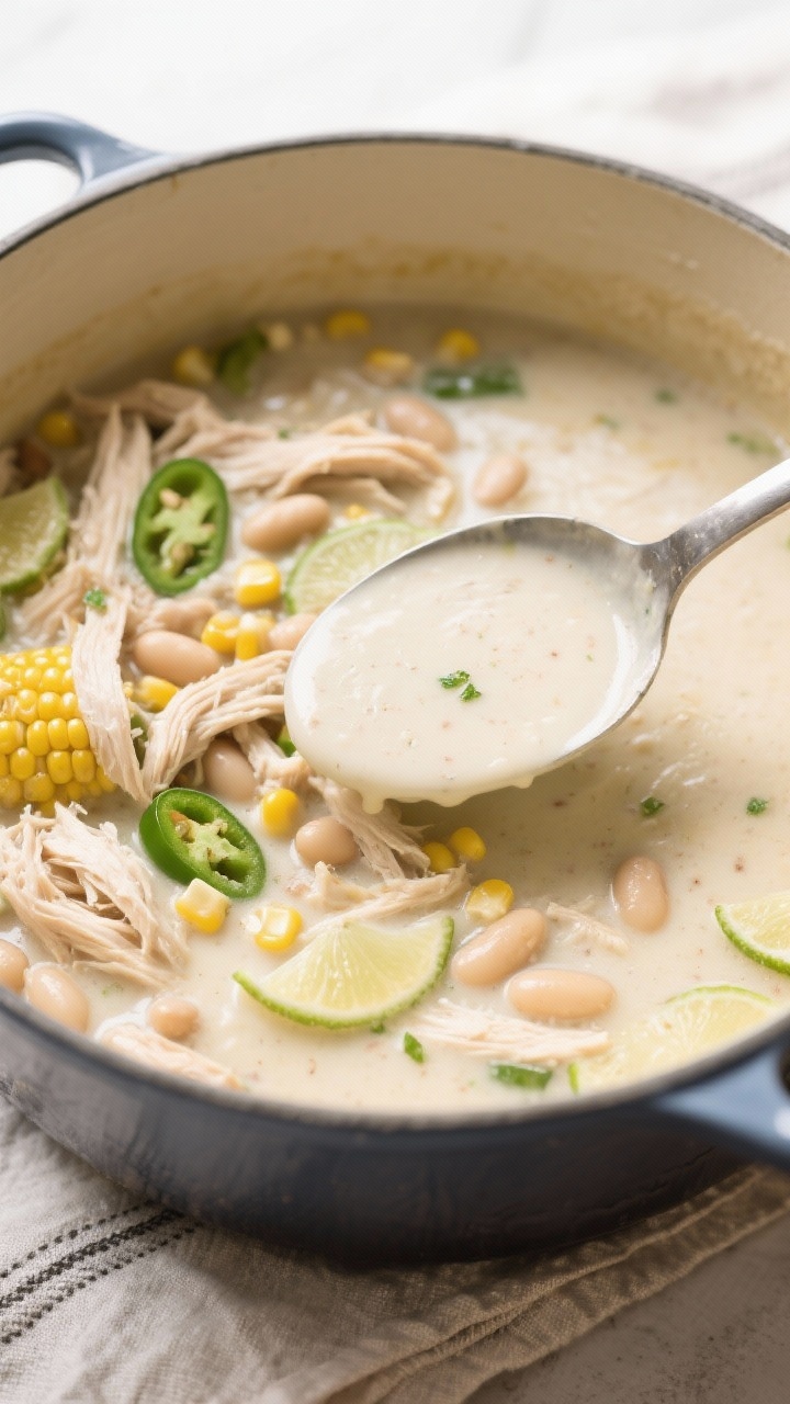 White Chicken Chili Recipe That Wins Weeknights: Creamy, Cozy, and Shockingly Fast 3 Thickening moment detail: Overhead shot of creamy white chicken chili mid-simmer right after partial