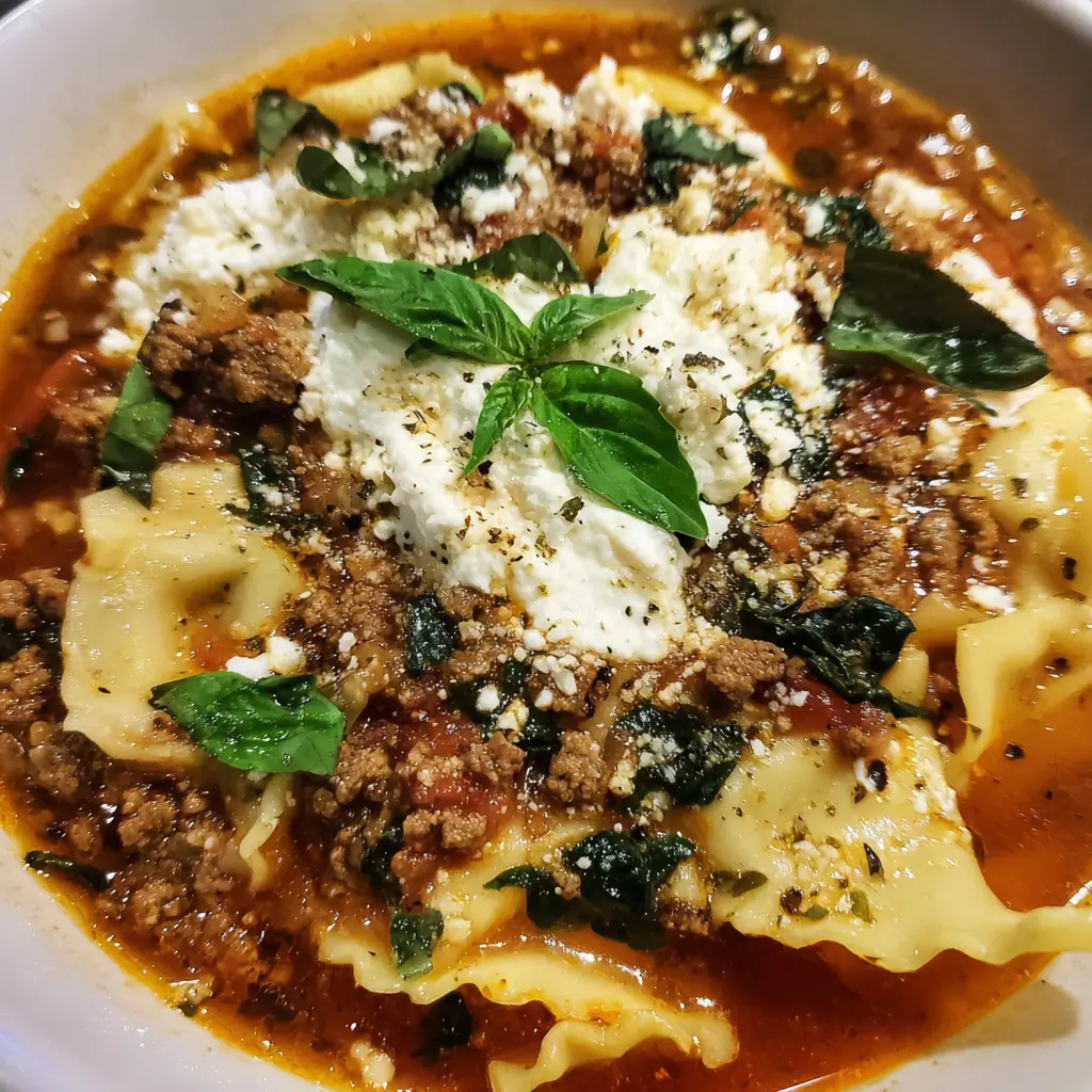 Close-up of a hearty lasagna soup recipe in a white bowl, topped with ricotta, fresh basil, and Parmesan.