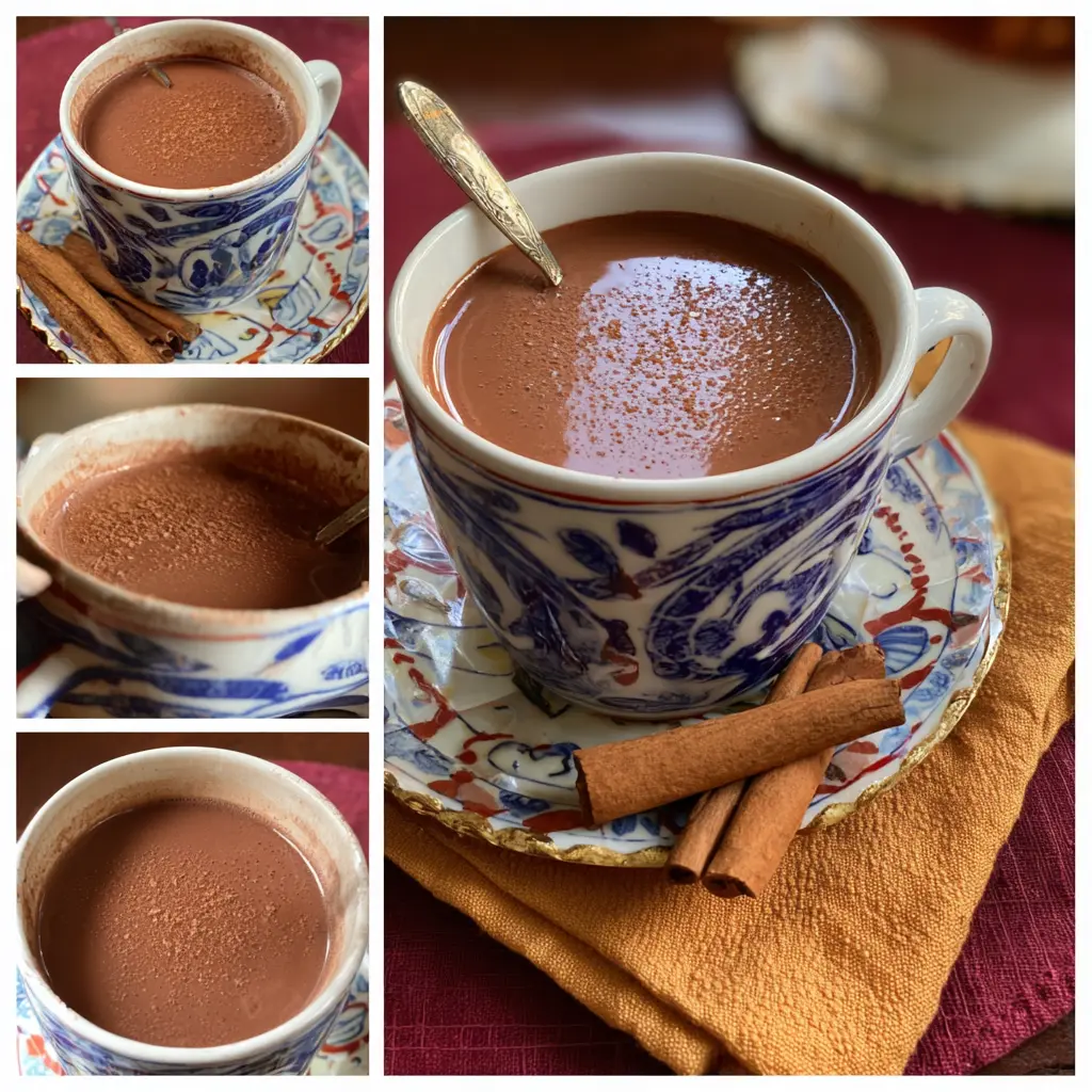 A warm, rich cup of champurrado from a traditional recipe, garnished with cocoa powder and cinnamon sticks on a decorative white ceramic cup and saucer.