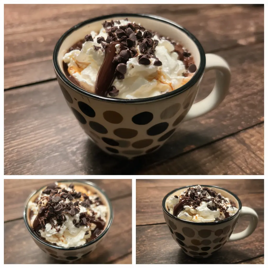 A creamy, decadent mug of hot chocolate with whipped cream and chocolate drizzles, ideal for a cozy crock pot hot chocolate recipe.