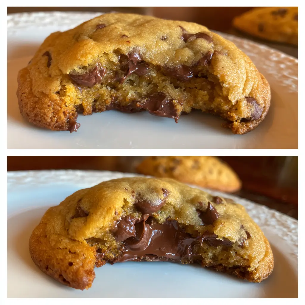 The Best Chocolate Chip Cookies Recipe 2 Close-up of a freshly baked, bitten chocolate chip cookie on a white plate, revealing its gooey interior, highlighting the appeal of the best chocolate chip cookies recipe.