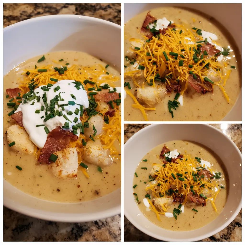 The Best Creamy Potato Soup Recipe 2 Creamy potato soup recipe garnished with cheddar, bacon, chives, and sour cream.