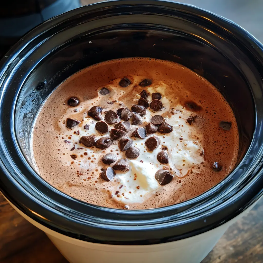 Delicious crockpot hot chocolate recipe topped with whipped cream and chocolate chips.