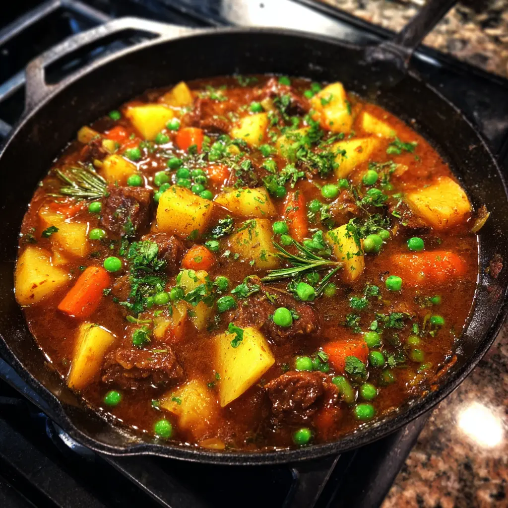 Hearty & Homemade Beef Stew Recipe 2 Hearty beef stew recipe with tender meat, potatoes, carrots, and peas in a rustic cast iron skillet.