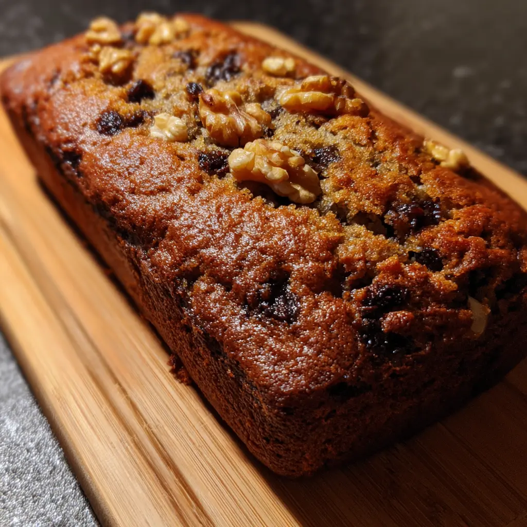Perfectly Moist Banana Bread Recipe 2 A perfectly baked, golden-brown loaf of walnut banana bread from a delightful banana bread recipe, presented on a rustic wooden cutting board.