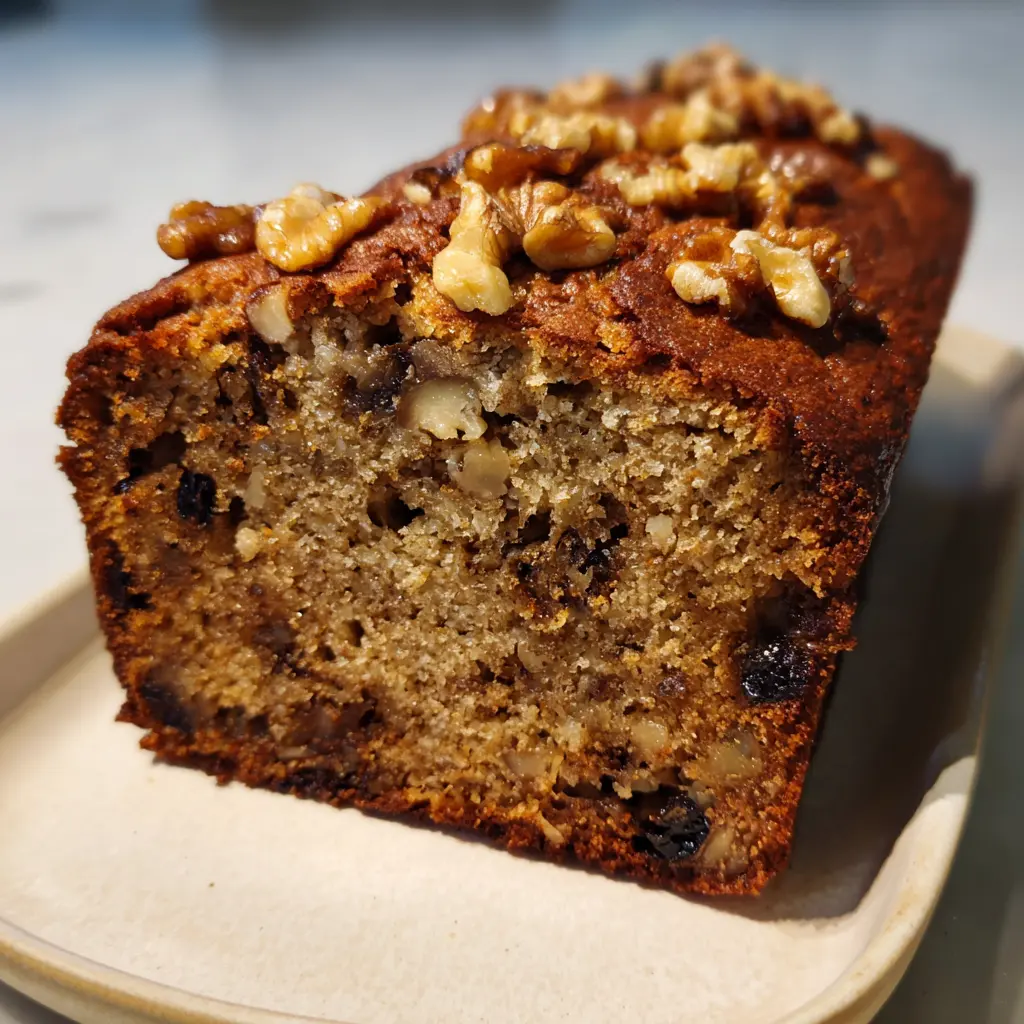 The Ultimate Moist Banana Bread Recipe 2 Moist, walnut-studded banana bread loaf, freshly baked and sliced, an inviting image for any banana bread recipe.