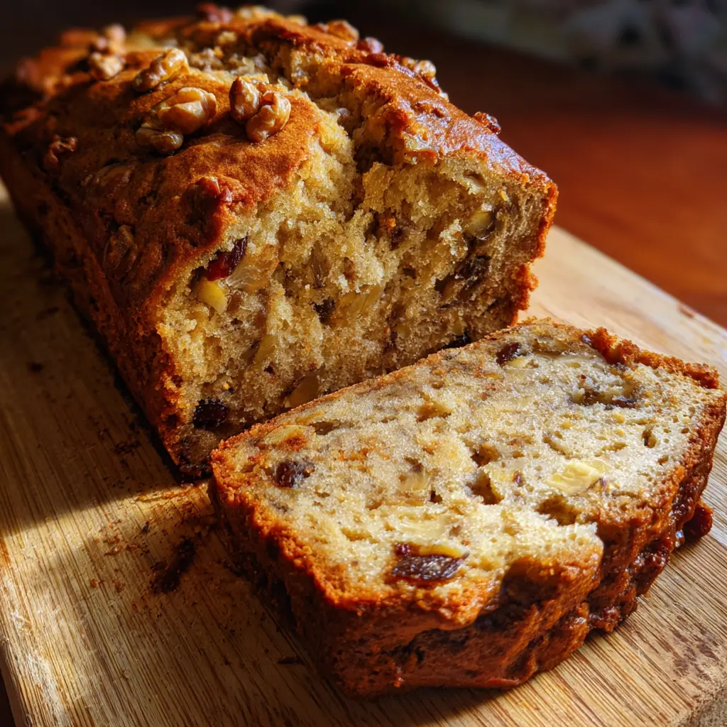 The Best Moist Banana Bread Recipe 2 A freshly baked loaf of walnut banana bread from a homemade banana bread recipe, with a slice revealing a moist, fruit-studded interior on a rustic wooden cutting board.