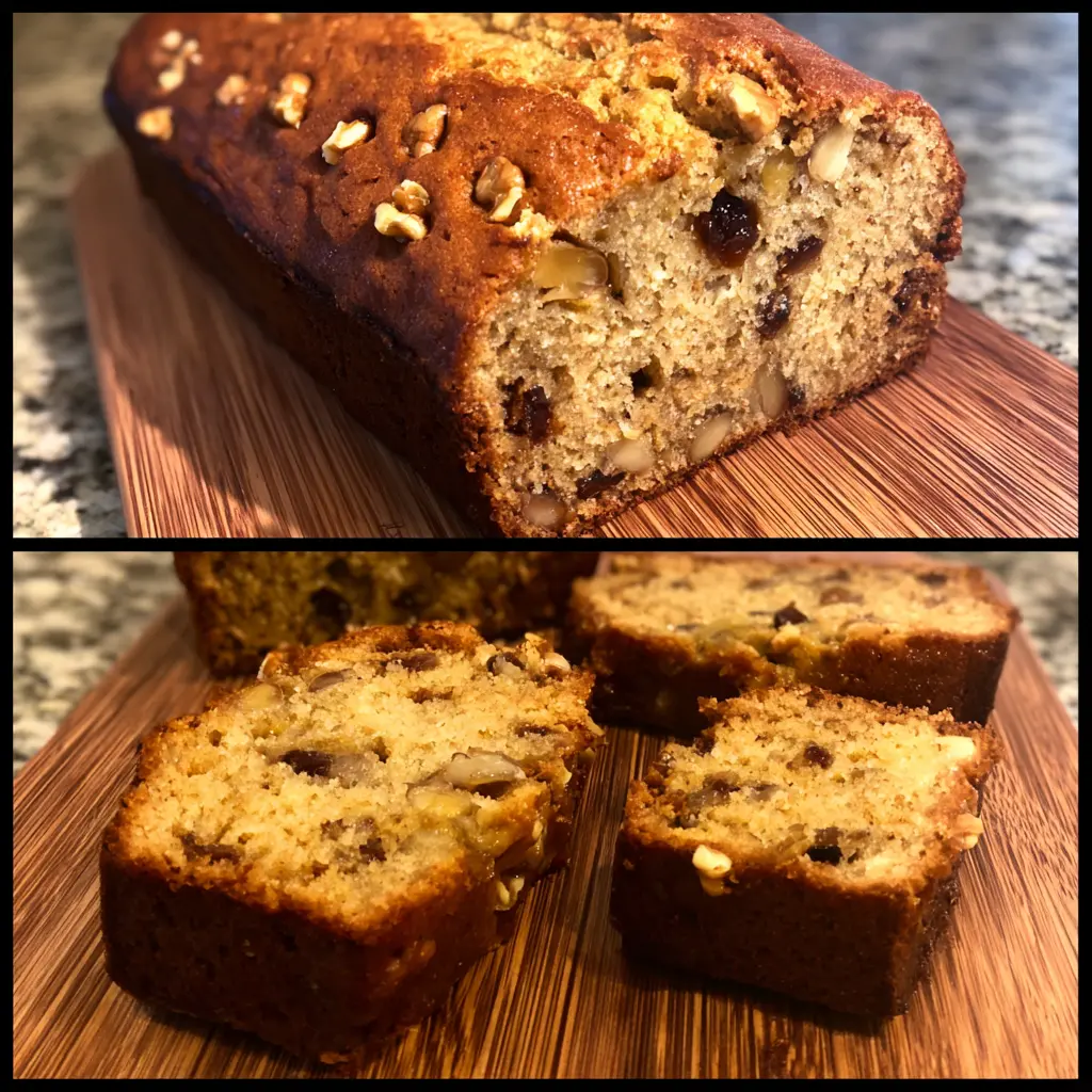 The Best Moist Banana Bread Recipe 2 Freshly baked banana bread recipe loaf and slices, richly studded with walnuts and raisins, displayed on a wooden cutting board.