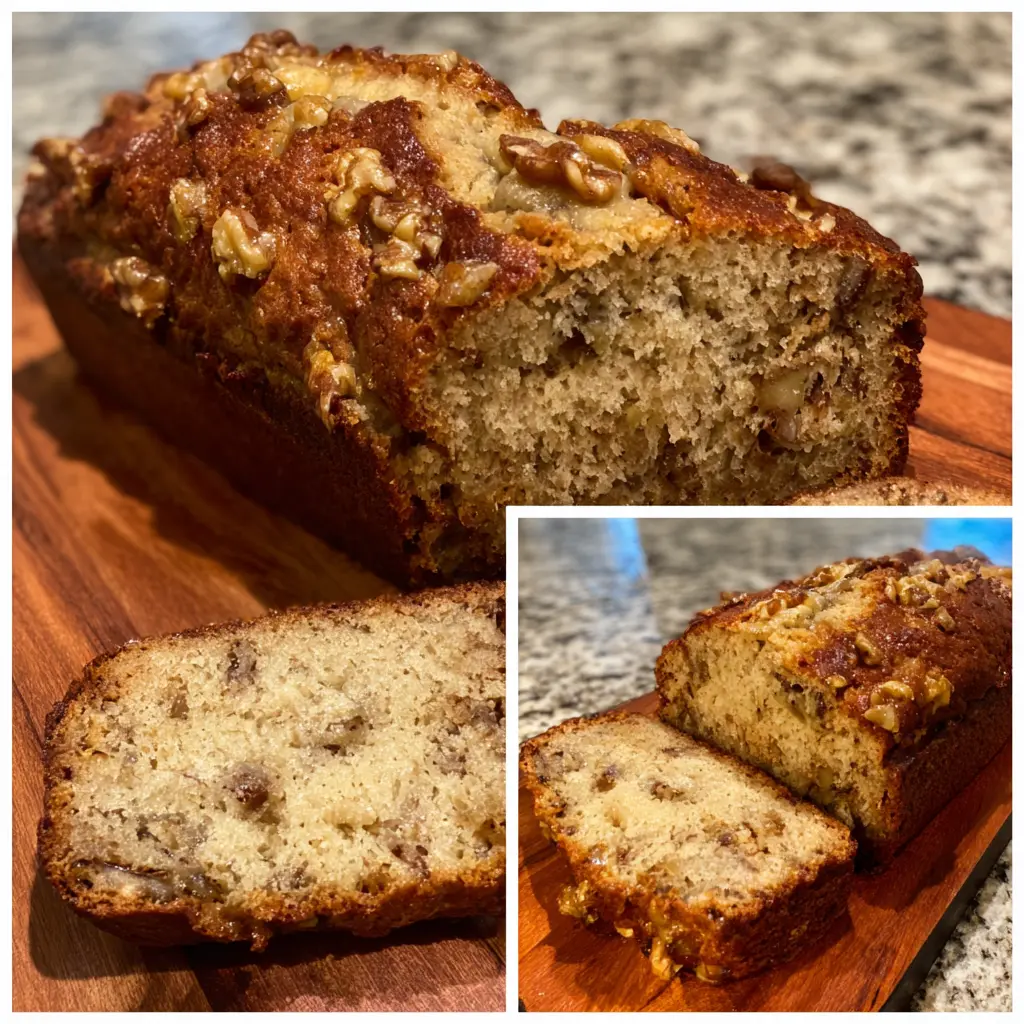 The Best Moist Banana Bread Recipe 2 Freshly baked banana bread loaf and slices on a wooden board, highlighting a delicious banana bread recipe.