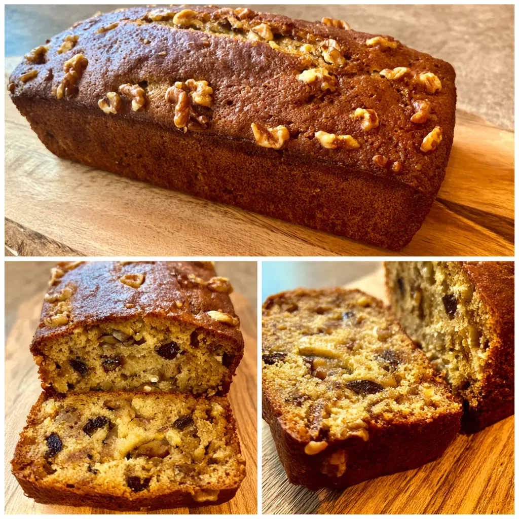 Delicious homemade banana bread recipe loaf with golden crust, walnuts, and a moist, fruit-filled interior on a wooden board.