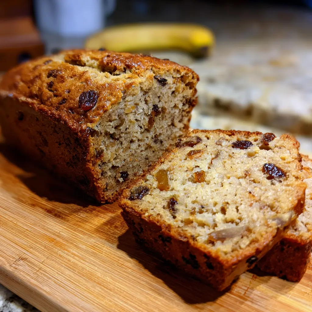 Freshly baked banana bread with raisins on a wooden board, showcasing a perfect banana bread recipe.