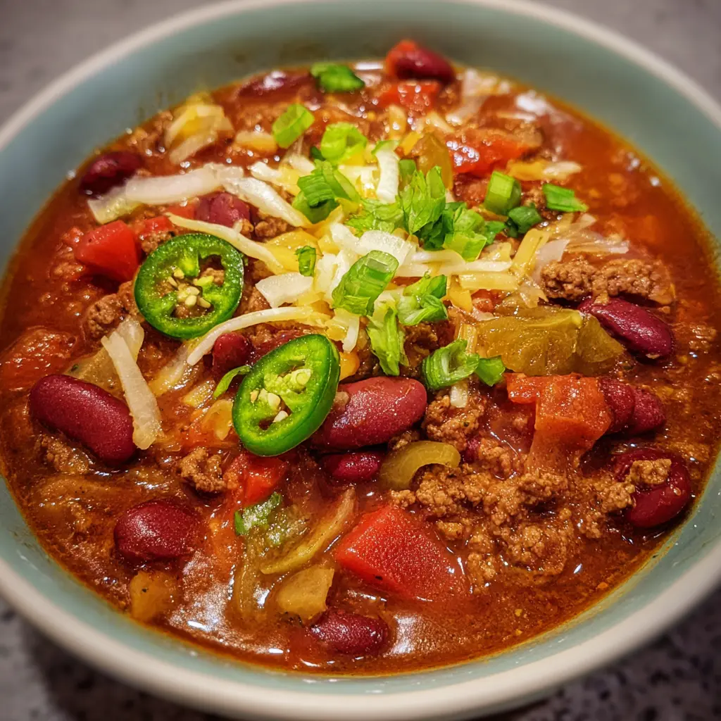 A close-up, top-down view of a hearty chili recipe in a blue-green ceramic bowl, garnished with shredded cheese, green onions, jalapeño, and fresh white onion.