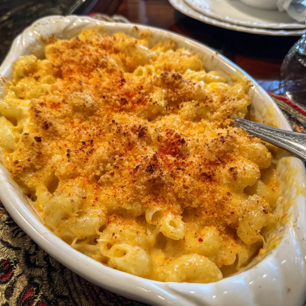 A close-up, high-angle view of a freshly baked homemade mac and cheese recipe in a white ceramic dish with a golden-brown crispy topping.