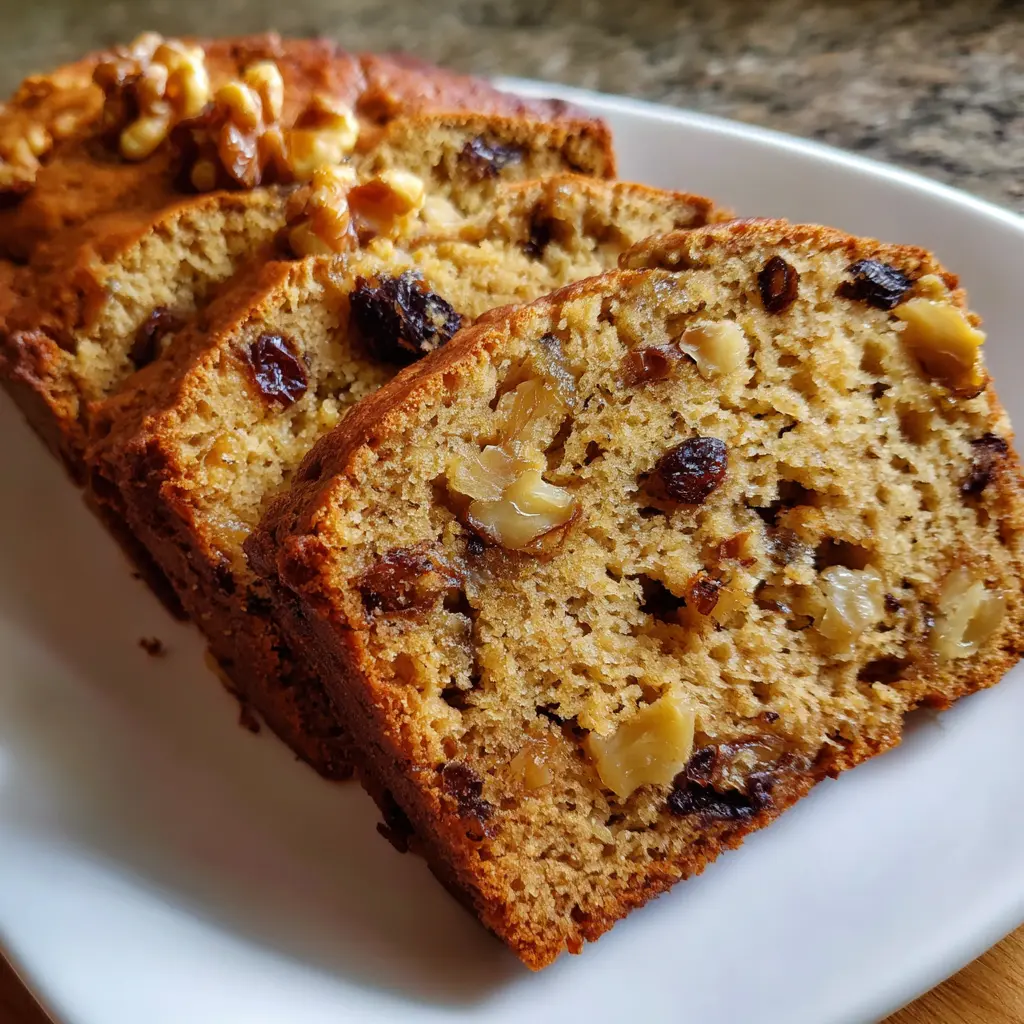 Moist Banana Bread Recipe 2 Freshly baked banana bread recipe slices studded with walnuts and raisins on a white plate.