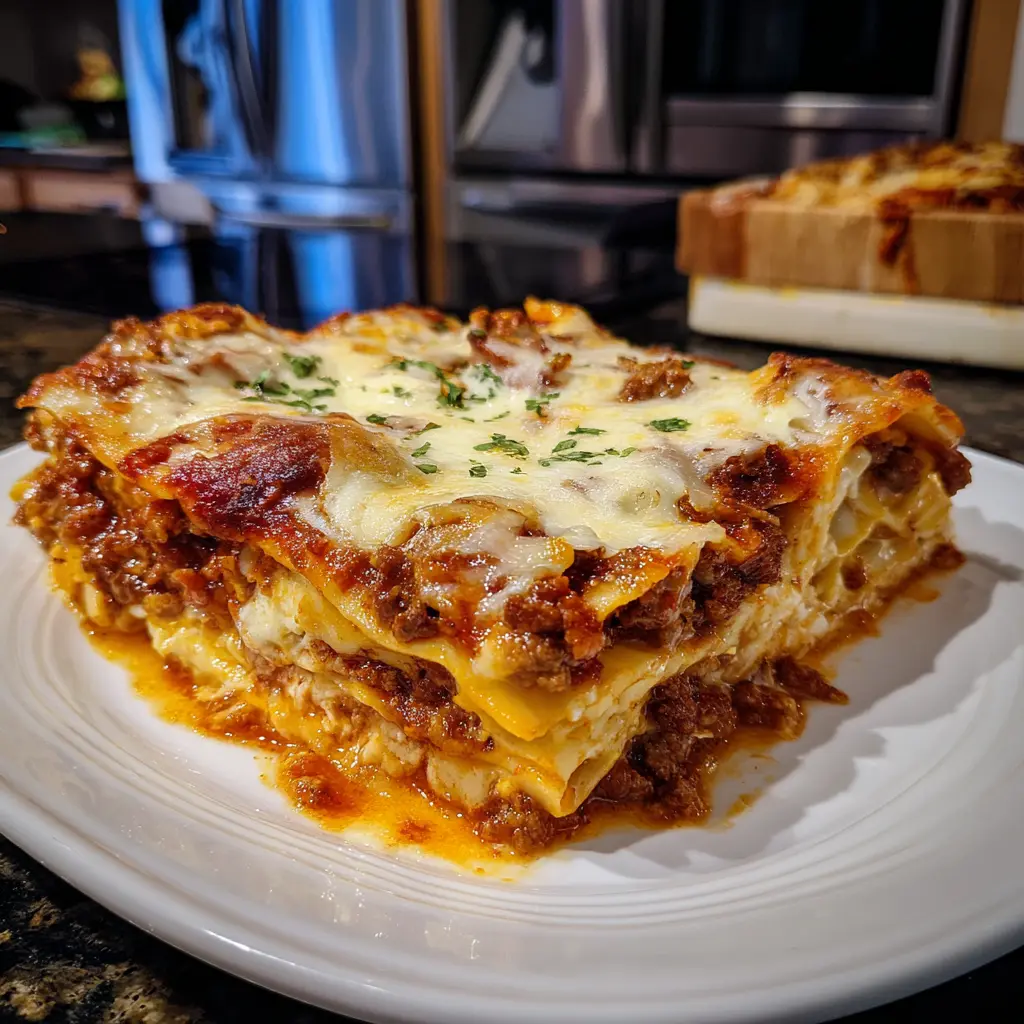 A perfectly portioned slice of golden-brown lasagna with rich meat sauce and melted cheese, ready to enjoy from this delicious lasagna recipe.