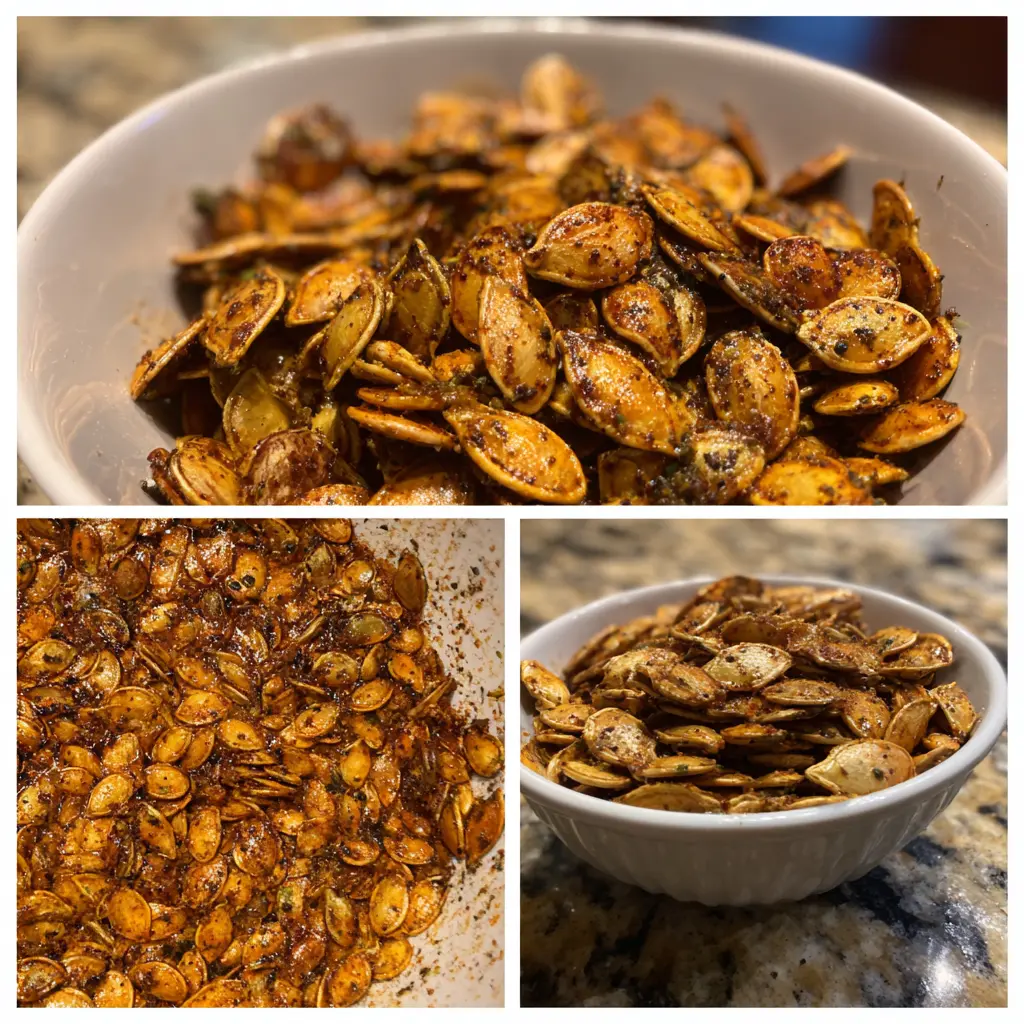 A vibrant collage showcasing freshly roasted and seasoned pumpkin seeds, highlighting a delicious homemade pumpkin seeds recipe.