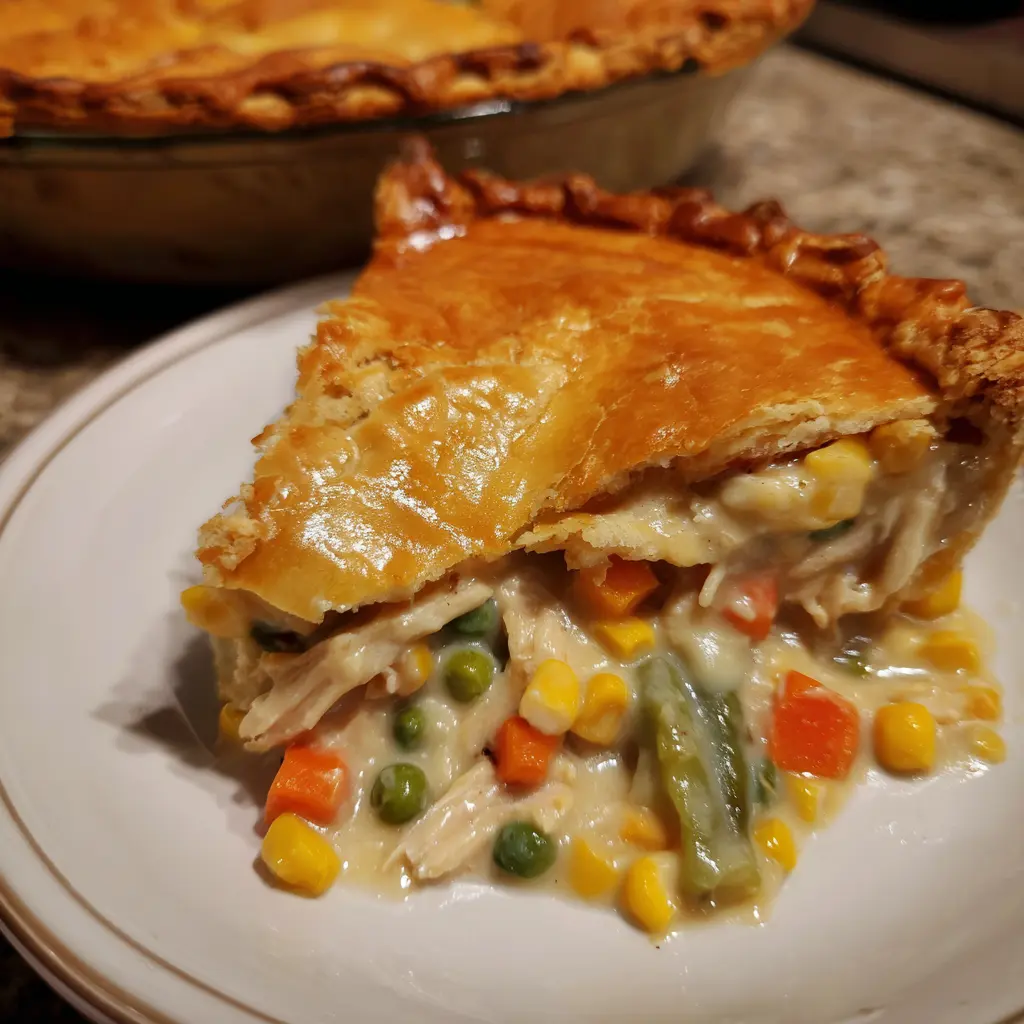 A golden-brown slice of chicken pot pie recipe, rich with chicken and vegetables, served on a white plate.