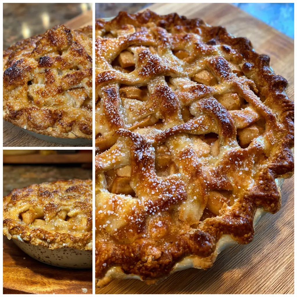 A triptych of homemade apple pies with golden-brown lattice crusts and sparkling sugar, illustrating a delicious apple pie recipe.