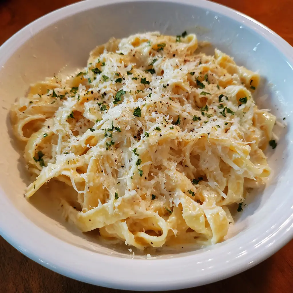 Creamy fettuccine alfredo with grated Parmesan and fresh parsley, perfect for an alfredo sauce recipe.