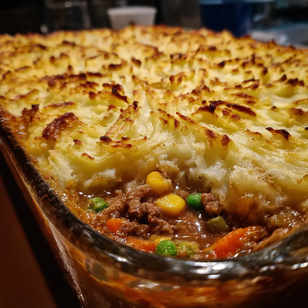 Classic Shepherd's Pie Recipe 2 A delicious, freshly baked shepherds pie recipe in a glass dish, featuring a golden-brown mashed potato topping and visible savory meat and vegetable filling.
