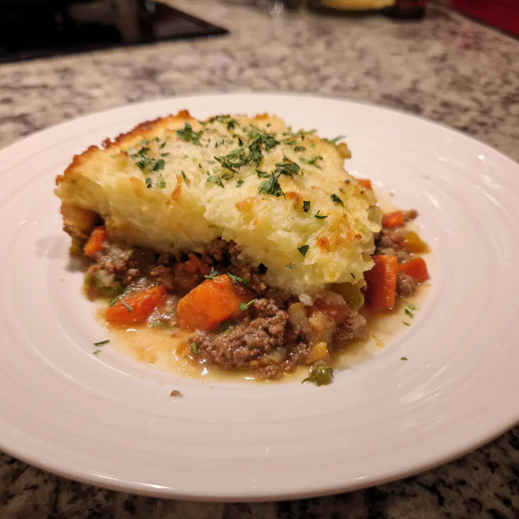 Appetizing close-up of a single serving of a golden-brown shepherds pie recipe with a rich meat and vegetable filling, garnished with fresh herbs on a white plate.