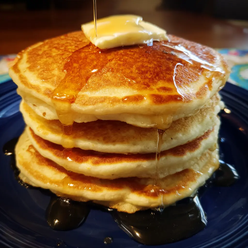A close-up of a tall stack of golden pancakes with melting butter and generous syrup on a blue plate, illustrating a delightful pancake recipe.