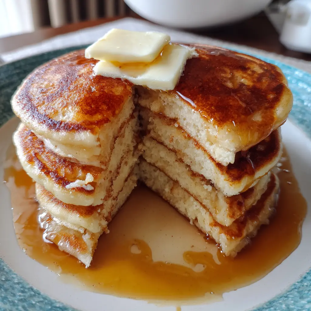 A close-up of a delicious stack of golden-brown pancakes with melting butter and glistening syrup, perfect for a homemade pancake recipe.