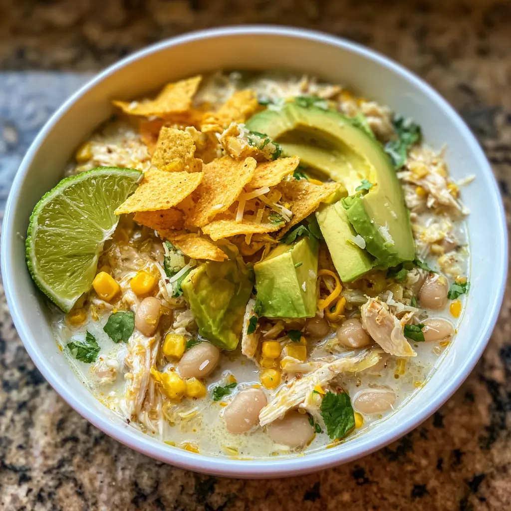 Easy Creamy White Chicken Chili Recipe 2 An appetizing bowl of easy white chicken chili recipe, garnished with fresh avocado, lime, tortilla chips, and cilantro.